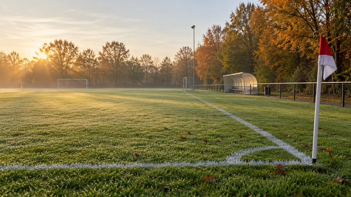 Leug voetbalveald 's morns vroo, met dauw op et grös, ne rood-witte vlagge in' hook, 'n dug-out zoonder volk langs de lijn en hearfstbeume der achter.