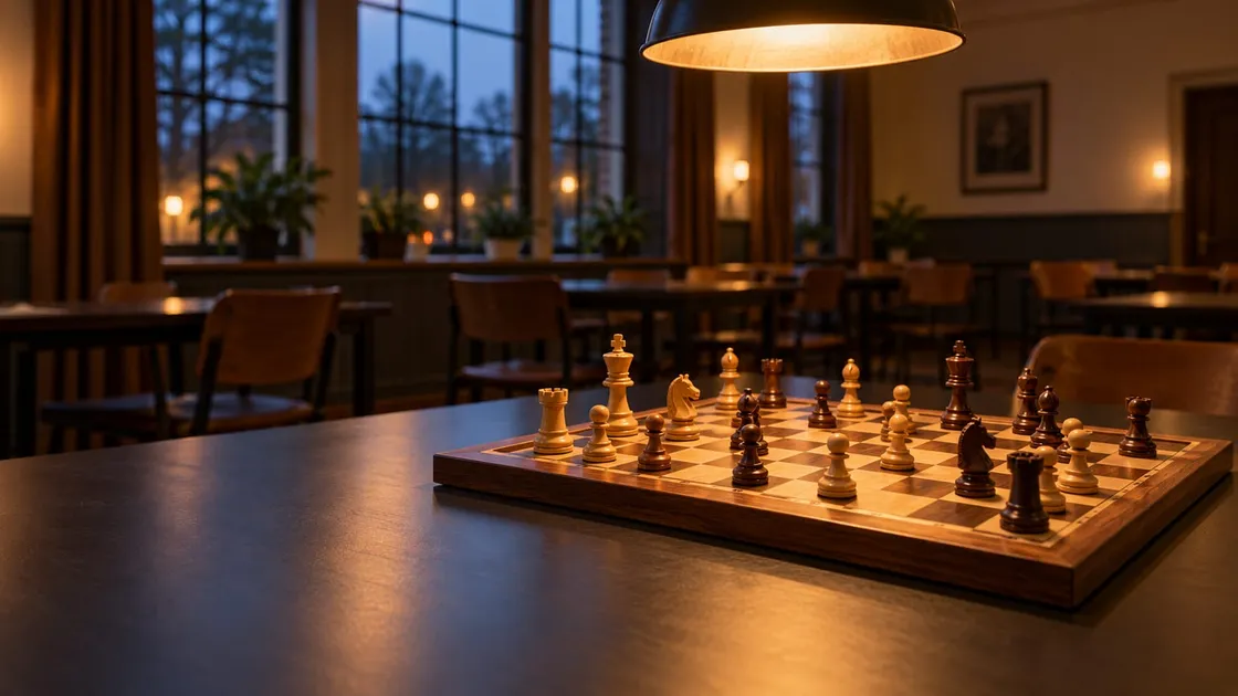 Hoolten schaakbord met stukken halverwege ne partiej op ne doonkere toafel in ne verenigingszaal, met warm lecht en leuge stoelen op de achtergroond.