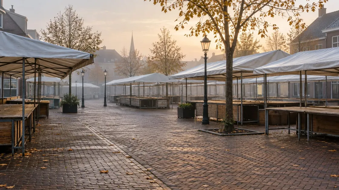 Leuge kroamen met witte zeilen as dak op nen plas met klinkers, 's morns in'n neavel, met leuge hoolten teunbaanken en ne gietijzeren lanteern.
